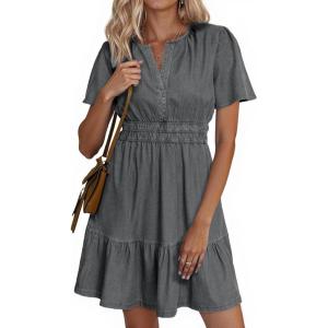 imageSimplee Womens Summer Denim Dress Casual Short Sleeve Mini Dress Boho Beach Flowy Tiered Short Jean Dresses with PocketsDenim Grey