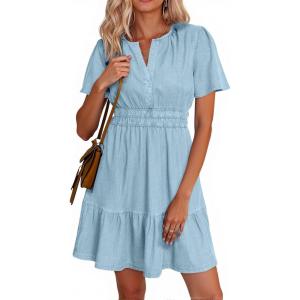 imageSimplee Womens Summer Denim Dress Casual Short Sleeve Mini Dress Boho Beach Flowy Tiered Short Jean Dresses with PocketsDenim Light Blue
