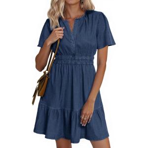 imageSimplee Womens Summer Denim Dress Casual Short Sleeve Mini Dress Boho Beach Flowy Tiered Short Jean Dresses with PocketsDenim Navy