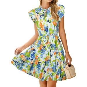 imageSimplee Womens Summer Dress 2025 Ruffle Short Sleeve Floral Boho Dress V Neck Aline Drawstring Mini Dress with PocketsBlue Floral