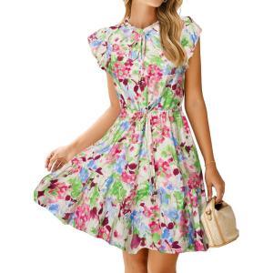 imageSimplee Womens Summer Dress 2025 Ruffle Short Sleeve Floral Boho Dress V Neck Aline Drawstring Mini Dress with PocketsRose Red Floral