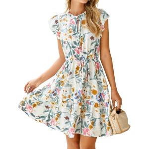 imageSimplee Womens Summer Dress 2025 Ruffle Short Sleeve Floral Boho Dress V Neck Aline Drawstring Mini Dress with PocketsWhite Floral