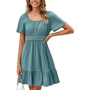 imageSimplee Womens Summer Dresses 2025 Mini Square Neck Casual Short Sleeve Shirred Flowy ALine Dress with PocketsBlue