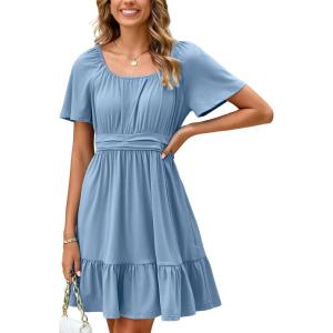 imageSimplee Womens Summer Dresses 2025 Mini Square Neck Casual Short Sleeve Shirred Flowy ALine Dress with PocketsLight Blue