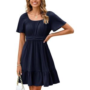imageSimplee Womens Summer Dresses 2025 Mini Square Neck Casual Short Sleeve Shirred Flowy ALine Dress with PocketsNavy Blue