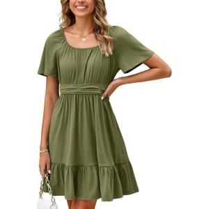 imageSimplee Womens Summer Dresses 2025 Mini Square Neck Casual Short Sleeve Shirred Flowy ALine Dress with PocketsOlive Green