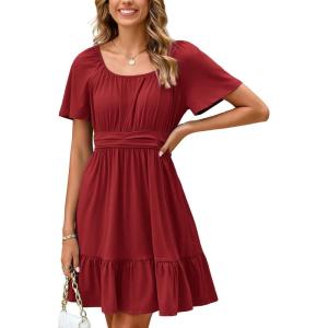 imageSimplee Womens Summer Dresses 2025 Mini Square Neck Casual Short Sleeve Shirred Flowy ALine Dress with PocketsRed