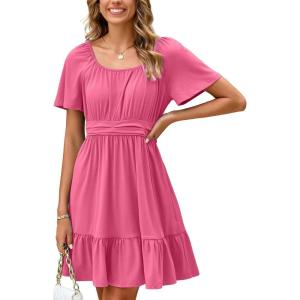 imageSimplee Womens Summer Dresses 2025 Mini Square Neck Casual Short Sleeve Shirred Flowy ALine Dress with PocketsRose Pink