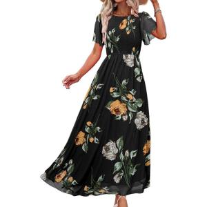 imageSimplee Womens Summer Floral Casual Maxi Dresses Flutter Short Sleeve Crew Neck Smocked Chiffon Boho Flowy Dress1 Black