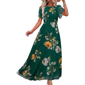 imageSimplee Womens Summer Floral Casual Maxi Dresses Flutter Short Sleeve Crew Neck Smocked Chiffon Boho Flowy Dress1 Dark Green