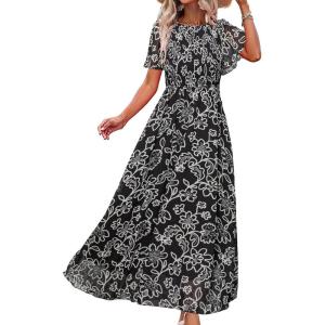 imageSimplee Womens Summer Floral Casual Maxi Dresses Flutter Short Sleeve Crew Neck Smocked Chiffon Boho Flowy DressBlack White