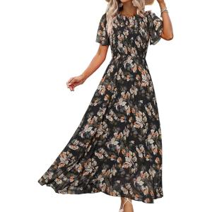 imageSimplee Womens Summer Floral Casual Maxi Dresses Flutter Short Sleeve Crew Neck Smocked Chiffon Boho Flowy DressFloral Black