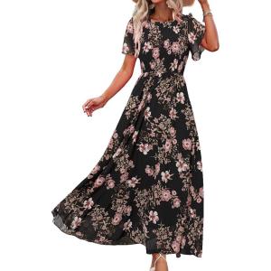 imageSimplee Womens Summer Floral Casual Maxi Dresses Flutter Short Sleeve Crew Neck Smocked Chiffon Boho Flowy DressFloral Black Pink
