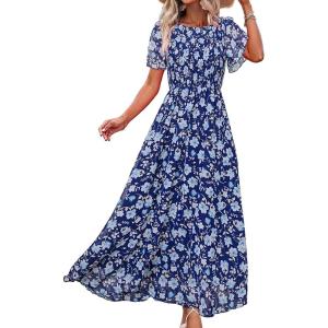 imageSimplee Womens Summer Floral Casual Maxi Dresses Flutter Short Sleeve Crew Neck Smocked Chiffon Boho Flowy DressFloral Blue