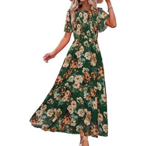 imageSimplee Womens Summer Floral Casual Maxi Dresses Flutter Short Sleeve Crew Neck Smocked Chiffon Boho Flowy DressFloral Green