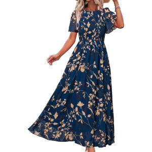 imageSimplee Womens Summer Floral Casual Maxi Dresses Flutter Short Sleeve Crew Neck Smocked Chiffon Boho Flowy DressNavy Leaf