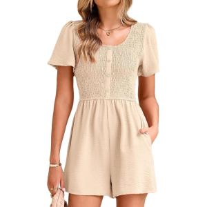imageSimplee Womens Summer Short Sleeve Romper Casual Loose Decorative Button Smocked Dressy Shorts Jumper Jumpsuit 2025Apricot