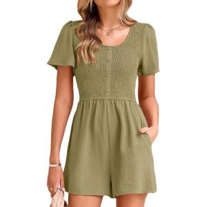 imageSimplee Womens Summer Short Sleeve Romper Casual Loose Decorative Button Smocked Dressy Shorts Jumper Jumpsuit 2025Army Green