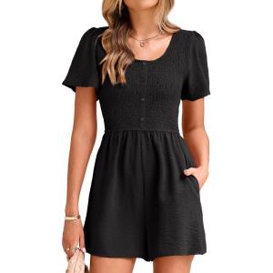 imageSimplee Womens Summer Short Sleeve Romper Casual Loose Decorative Button Smocked Dressy Shorts Jumper Jumpsuit 2025Black