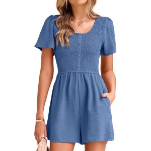 imageSimplee Womens Summer Short Sleeve Romper Casual Loose Decorative Button Smocked Dressy Shorts Jumper Jumpsuit 2025Blue