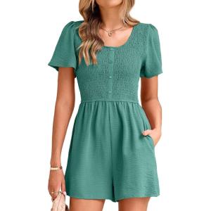 imageSimplee Womens Summer Short Sleeve Romper Casual Loose Decorative Button Smocked Dressy Shorts Jumper Jumpsuit 2025Lake Green