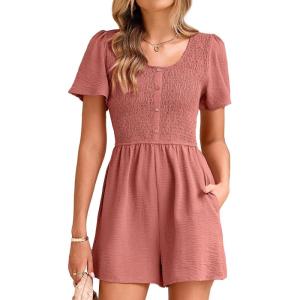 imageSimplee Womens Summer Short Sleeve Romper Casual Loose Decorative Button Smocked Dressy Shorts Jumper Jumpsuit 2025Rust Red