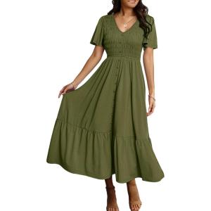 imageSimplee Womens Summer Smocked Flowy Dress  Casual Flutter Sleeve Tiered Boho Maxi Dresses with PocketsArmy Green
