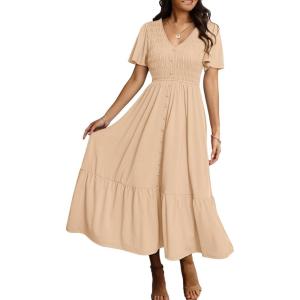 imageSimplee Womens Summer Smocked Flowy Dress  Casual Flutter Sleeve Tiered Boho Maxi Dresses with PocketsBeige
