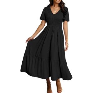 imageSimplee Womens Summer Smocked Flowy Dress  Casual Flutter Sleeve Tiered Boho Maxi Dresses with PocketsBlack