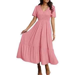imageSimplee Womens Summer Smocked Flowy Dress  Casual Flutter Sleeve Tiered Boho Maxi Dresses with PocketsDark Pink