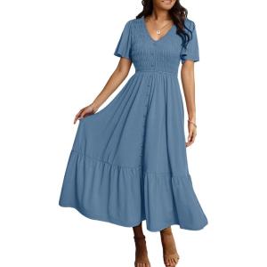 imageSimplee Womens Summer Smocked Flowy Dress  Casual Flutter Sleeve Tiered Boho Maxi Dresses with PocketsDusty Blue