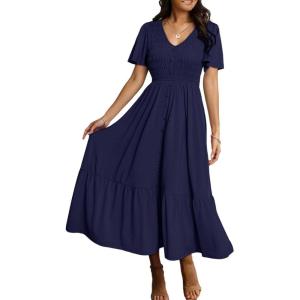 imageSimplee Womens Summer Smocked Flowy Dress  Casual Flutter Sleeve Tiered Boho Maxi Dresses with PocketsNavy Blue