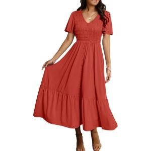 imageSimplee Womens Summer Smocked Flowy Dress  Casual Flutter Sleeve Tiered Boho Maxi Dresses with PocketsOrange