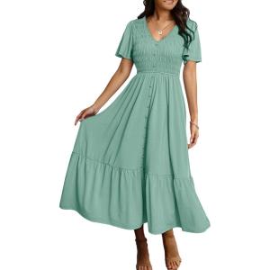 imageSimplee Womens Summer Smocked Flowy Dress  Casual Flutter Sleeve Tiered Boho Maxi Dresses with PocketsSage Green