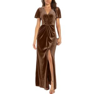 imageSimplee Womens Twist Front V Neck Velvet Maxi Dress Short Sleeve Fall Wedding Guest Long Semi Formal Dress with Slit