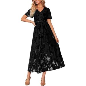 imageSimplee Womens V Neck Velvet Maxi Dress Short Sleeve Empire Waist Long Formal Dress for Wedding Guest4black Floral