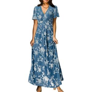 imageSimplee Womens V Neck Velvet Maxi Dress Short Sleeve Empire Waist Long Formal Dress for Wedding Guest4blue Floral1