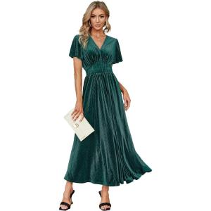 imageSimplee Womens V Neck Velvet Maxi Dress Short Sleeve Empire Waist Long Formal Dress for Wedding Guest4blue Green