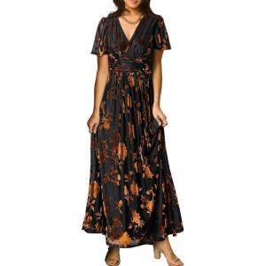 imageSimplee Womens V Neck Velvet Maxi Dress Short Sleeve Empire Waist Long Formal Dress for Wedding Guest4brown Floral