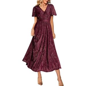 imageSimplee Womens V Neck Velvet Maxi Dress Short Sleeve Empire Waist Long Formal Dress for Wedding Guest4burgundy Floral