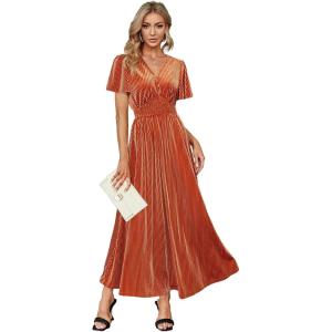 imageSimplee Womens V Neck Velvet Maxi Dress Short Sleeve Empire Waist Long Formal Dress for Wedding Guest4burnt Orange