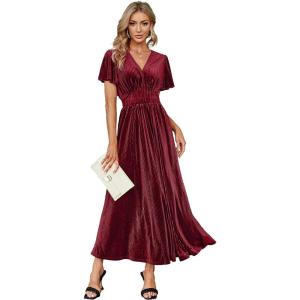 imageSimplee Womens V Neck Velvet Maxi Dress Short Sleeve Empire Waist Long Formal Dress for Wedding Guest4dark Pink