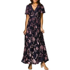 imageSimplee Womens V Neck Velvet Maxi Dress Short Sleeve Empire Waist Long Formal Dress for Wedding Guest4dark Purple Floral