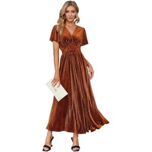 imageSimplee Womens V Neck Velvet Maxi Dress Short Sleeve Empire Waist Long Formal Dress for Wedding Guest4earthy Orange