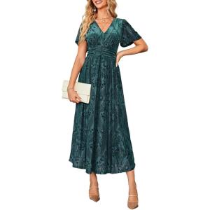 imageSimplee Womens V Neck Velvet Maxi Dress Short Sleeve Empire Waist Long Formal Dress for Wedding Guest4green Floral