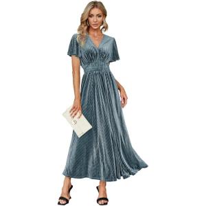 imageSimplee Womens V Neck Velvet Maxi Dress Short Sleeve Empire Waist Long Formal Dress for Wedding Guest4grey Blue
