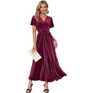 imageSimplee Womens V Neck Velvet Maxi Dress Short Sleeve Empire Waist Long Formal Dress for Wedding Guest4pinkish Purple