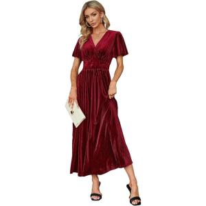 imageSimplee Womens V Neck Velvet Maxi Dress Short Sleeve Empire Waist Long Formal Dress for Wedding Guest4wine Red