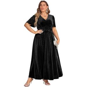imageSimplee Womens V Neck Velvet Maxi Dress Short Sleeve Empire Waist Long Formal Dress for Wedding GuestPblack