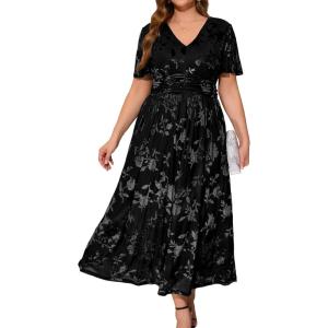 imageSimplee Womens V Neck Velvet Maxi Dress Short Sleeve Empire Waist Long Formal Dress for Wedding GuestPblack2